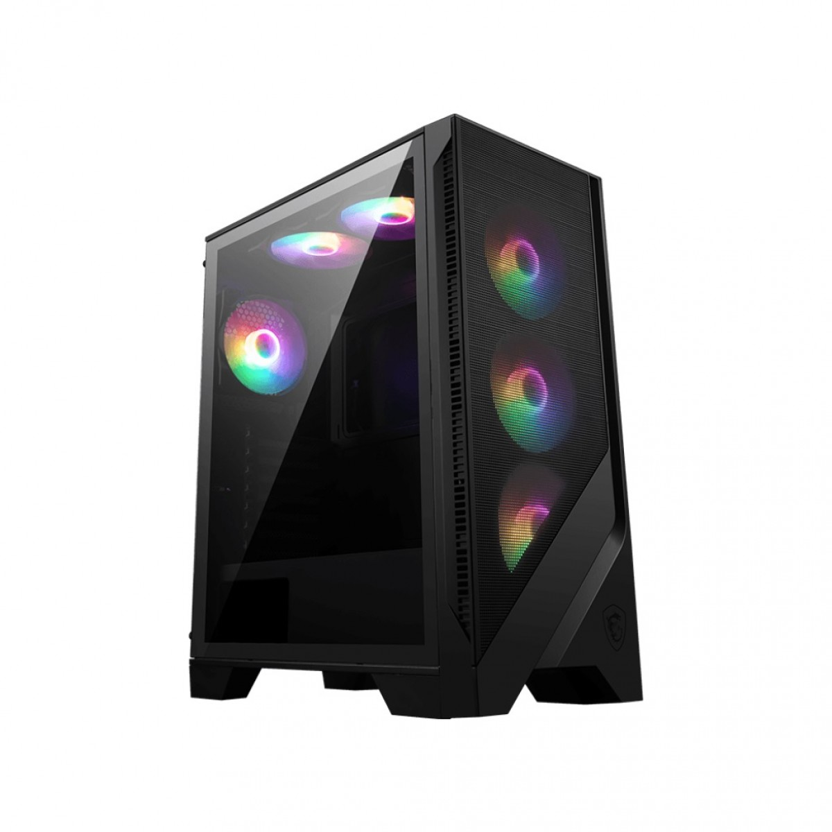 Cam yan panelli ve renkli RGB fanlı siyah bilgisayar kasası.
