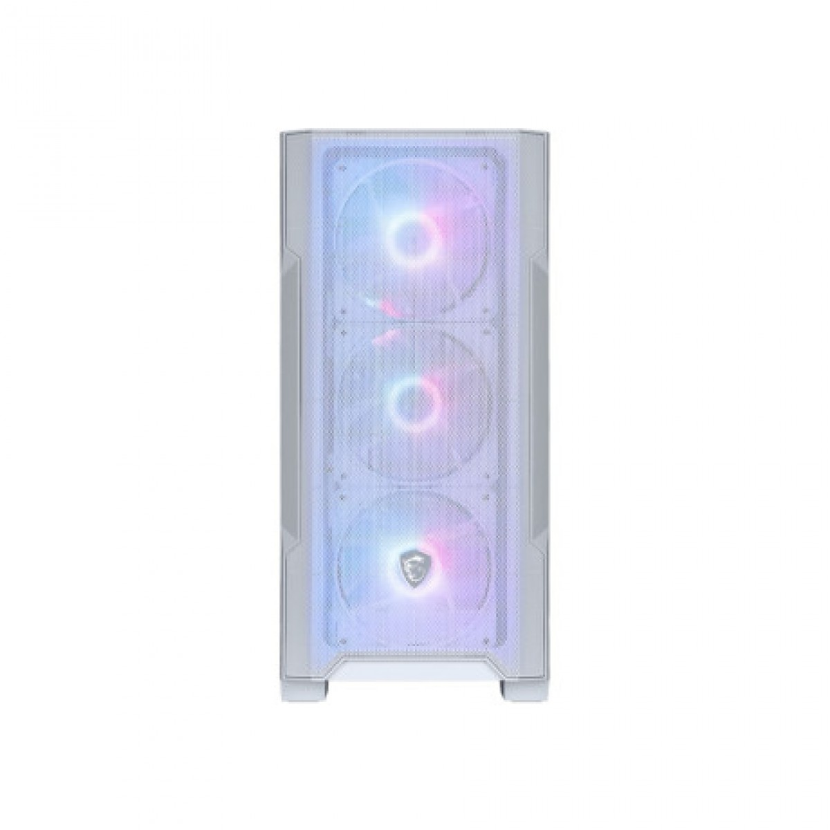 Beyaz arka planda üç aydınlatmalı RGB fanlı ve ızgaralı beyaz bir bilgisayar kasasının önden görünümü.