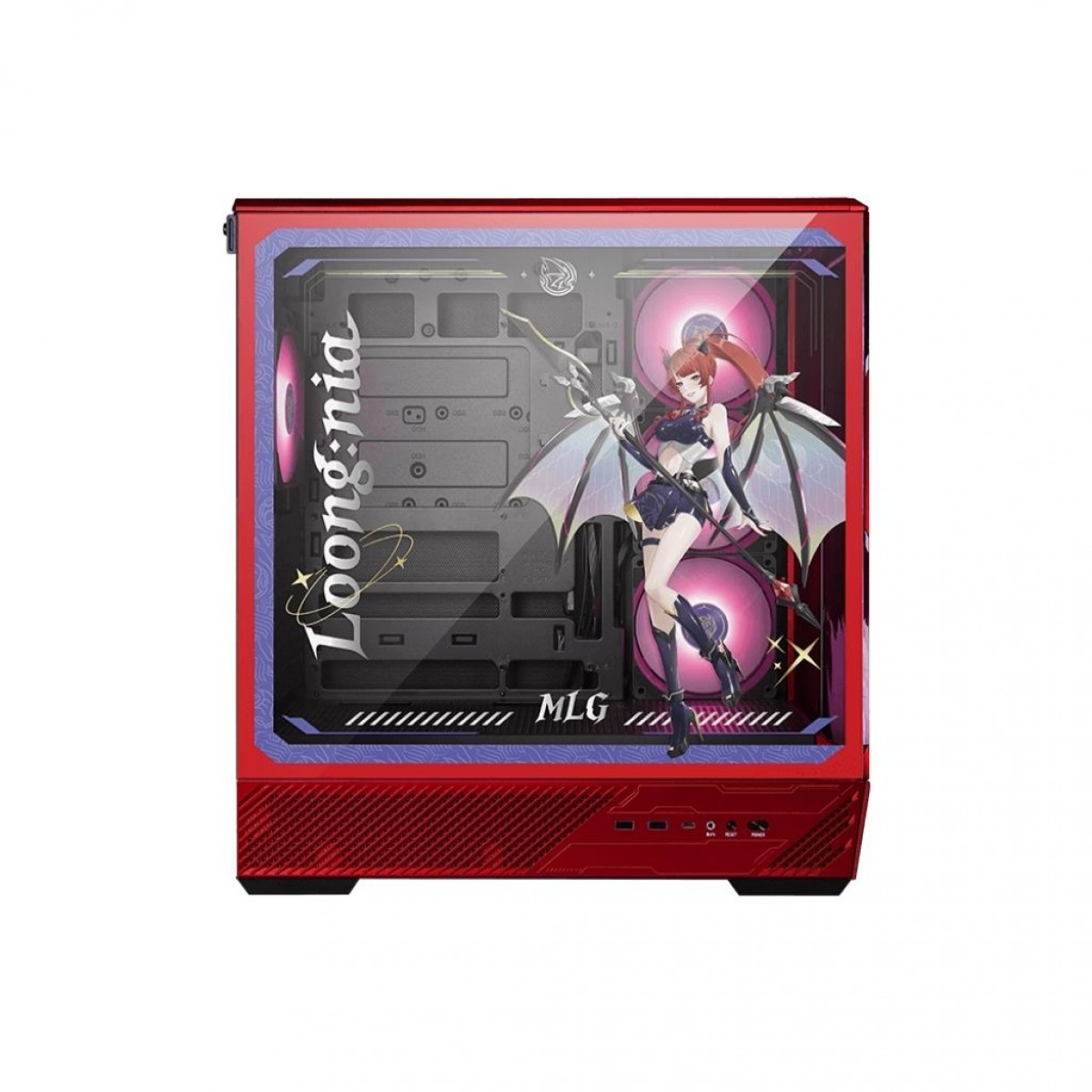 Kanatlı anime illüstrasyonu ve aydınlatılmış pembe fanları olan kırmızı bir PC kasası.