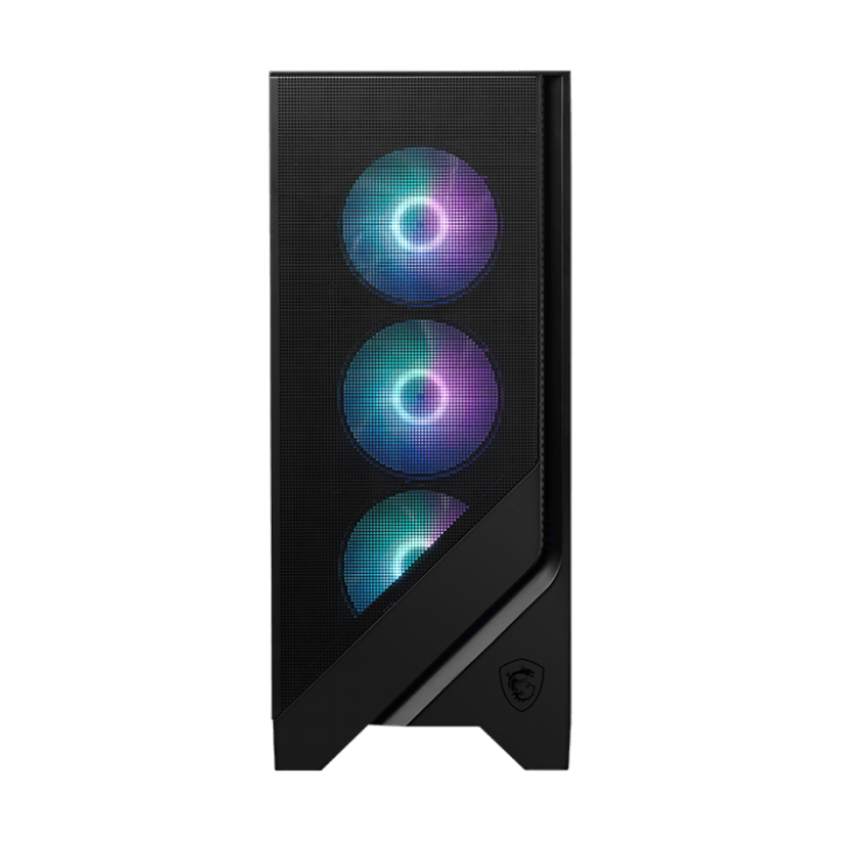 Ön panelinde masmavi ve mor ışıklı üç adet parlayan RGB fan bulunan siyah bir bilgisayar kasası.