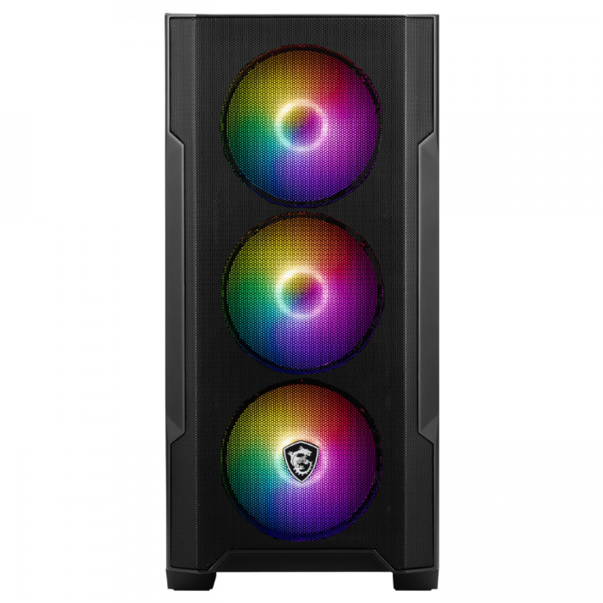 Beyaz arka planda üç dairesel RGB fanlı siyah bir bilgisayar kasasının önden görünümü.