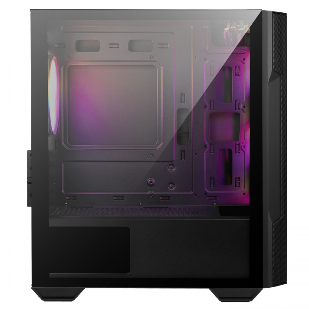 Cam yan panelli ve LED fanlı siyah PC kasası.