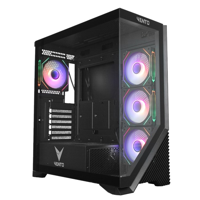 Cam panelli ve içinde dört RGB aydınlatmalı fan bulunan siyah Vento PC kasası.