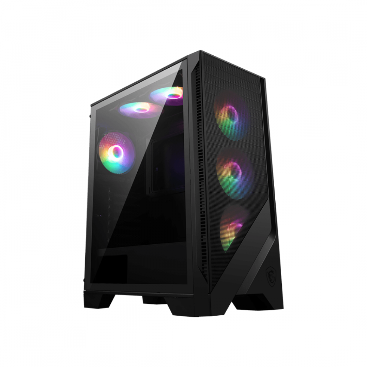 Cam yan panelli ve parlayan RGB fanlı siyah bilgisayar kasası.