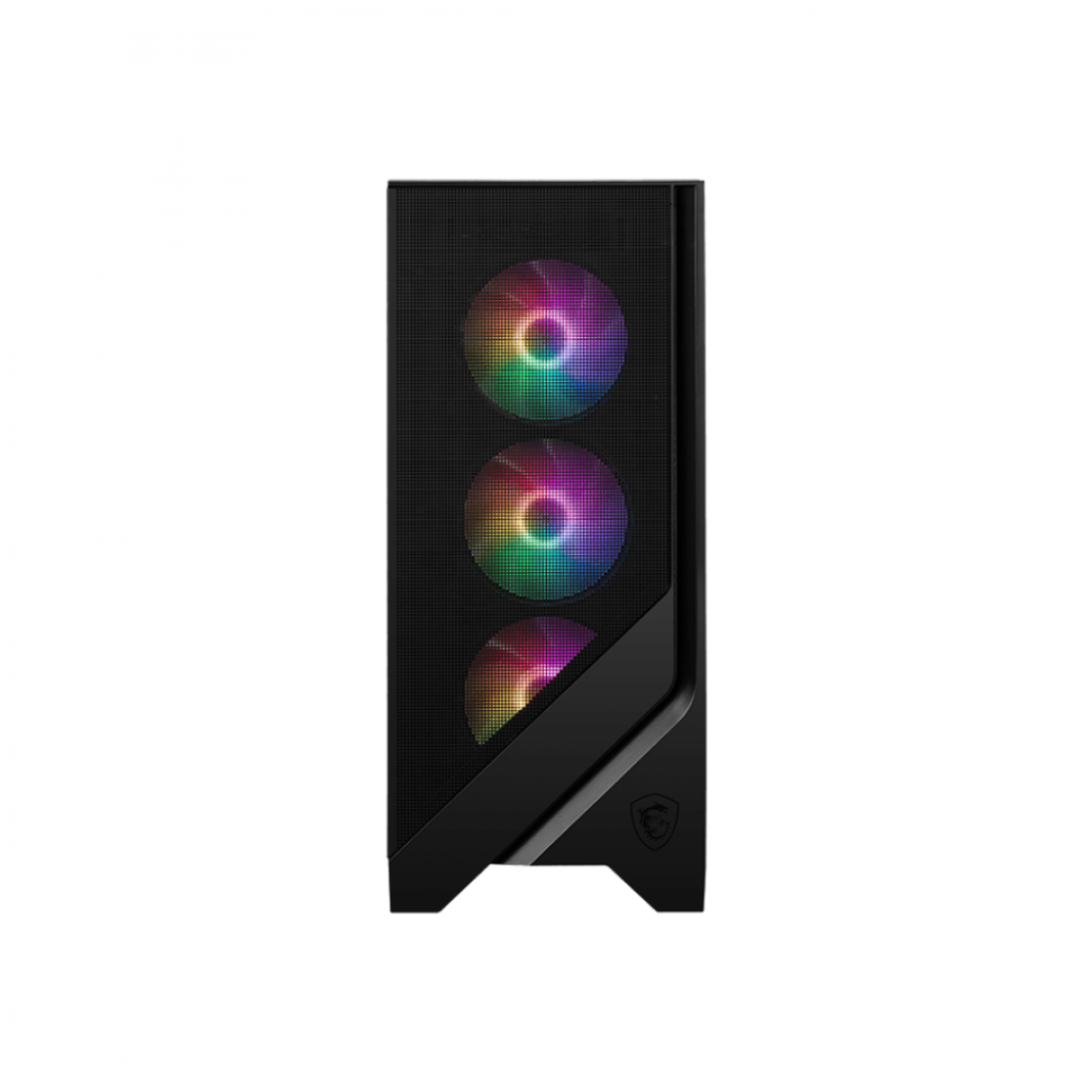 Beyaz arka planda önde üç parlayan RGB fanlı siyah bilgisayar kasası.