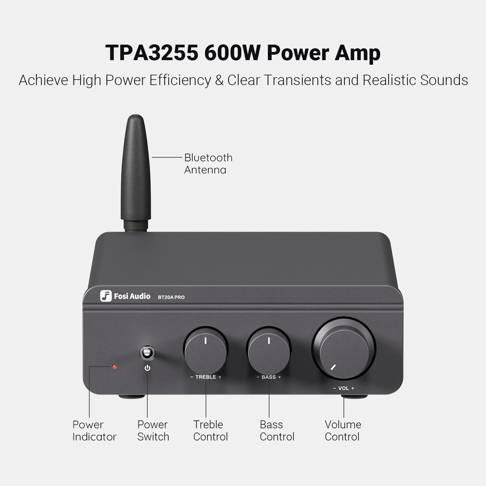 Szary wzmacniacz mocy Fosi Audio BT20A Pro z anteną oraz pokrętłami tonów i głośności.