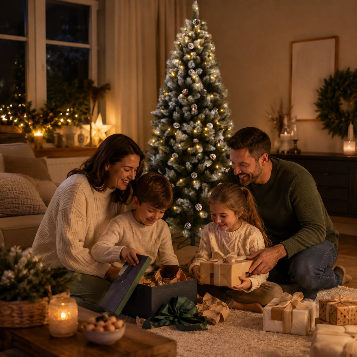 Family opening Christmas gifts together in a cozy living room with a decorated tree.