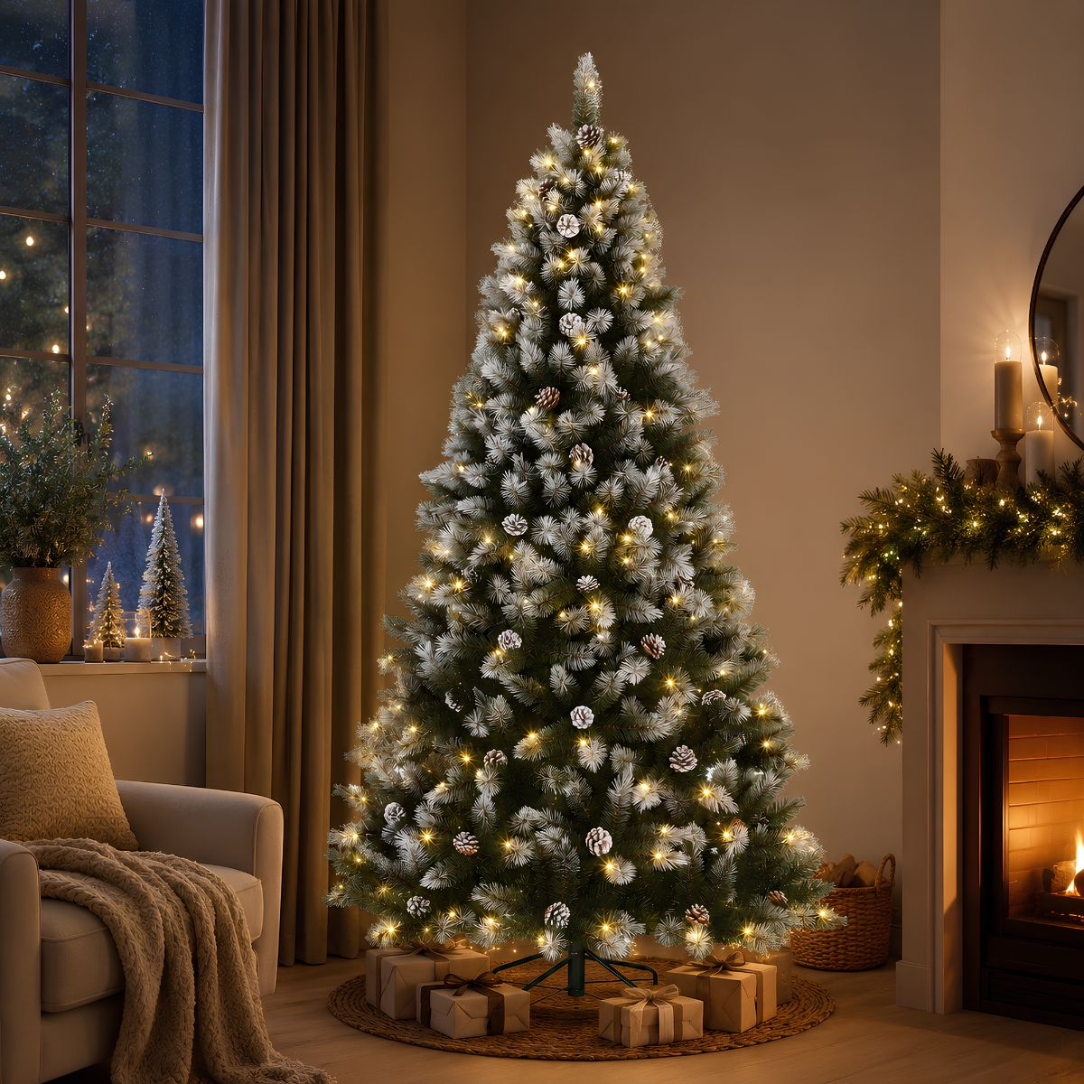 A decorated Christmas tree with lights, pinecones, and gifts stands in a cozy living room.
