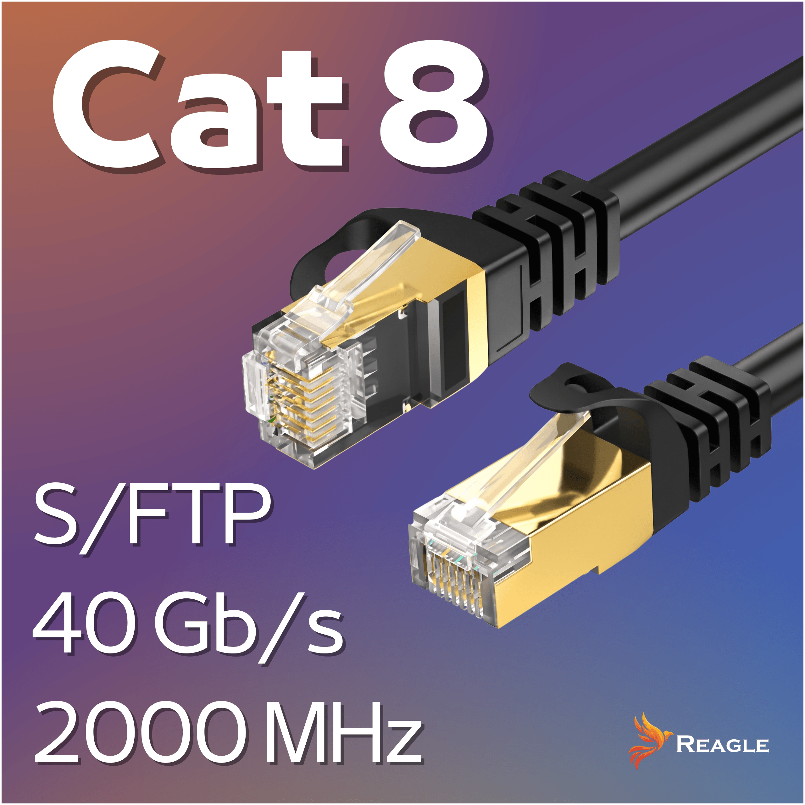 Cavo Ethernet Cat 8 S/FTP con connettori dorati su sfondo blu e viola.