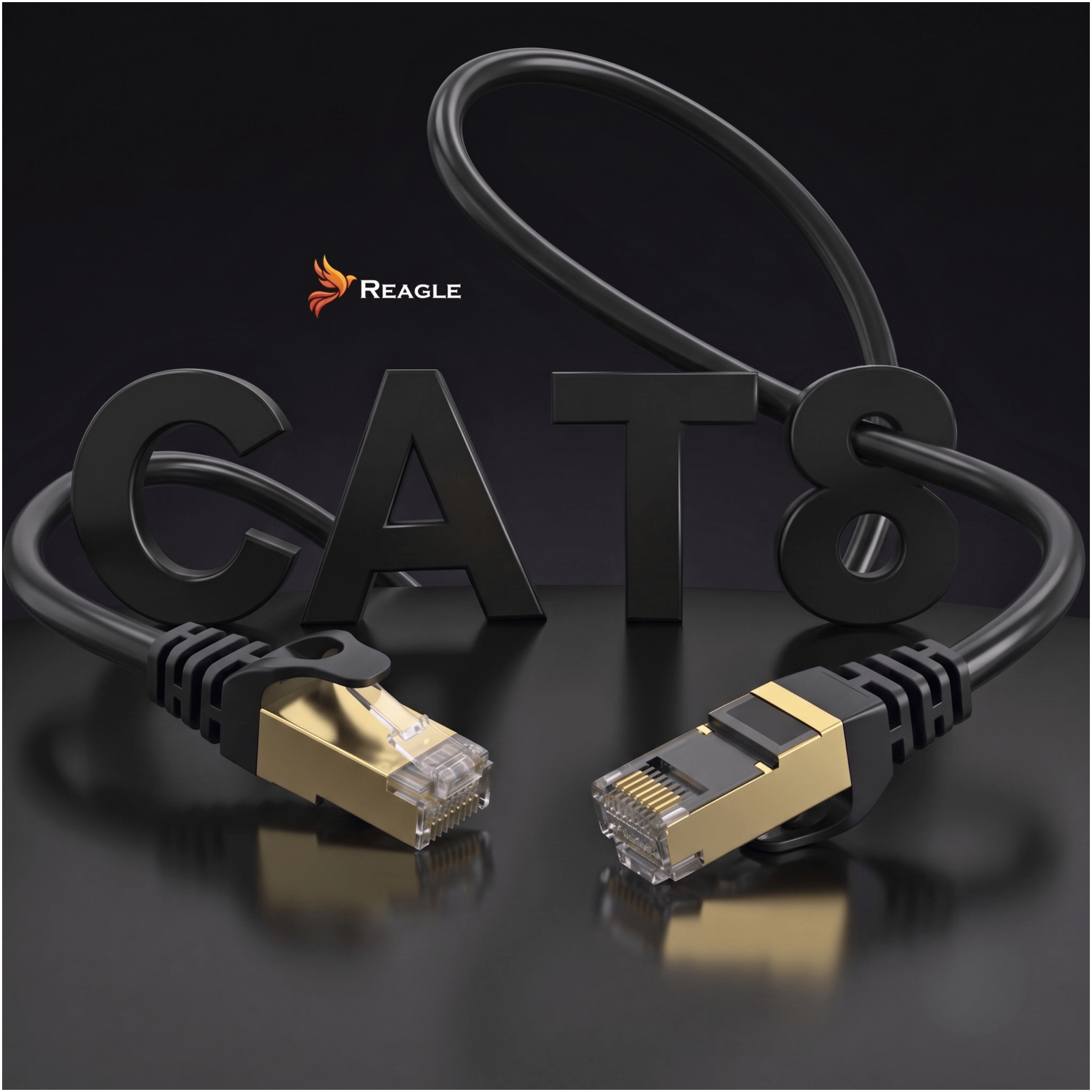 Cavo ethernet Cat8 nero con connettori placcati in oro su sfondo scuro.