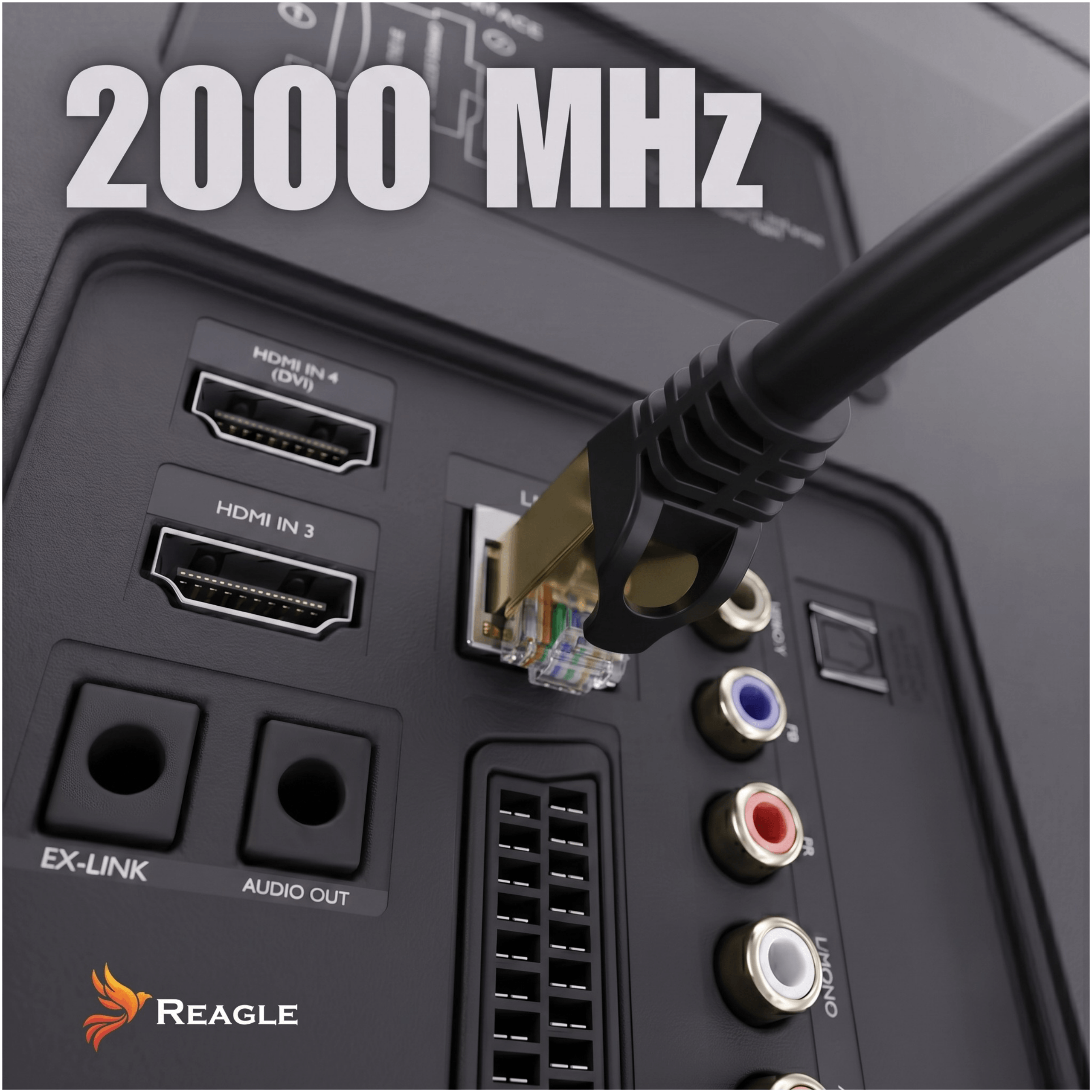 Un cavo Ethernet è collegato a una porta sul retro di un dispositivo nero con porte HDMI e audio.