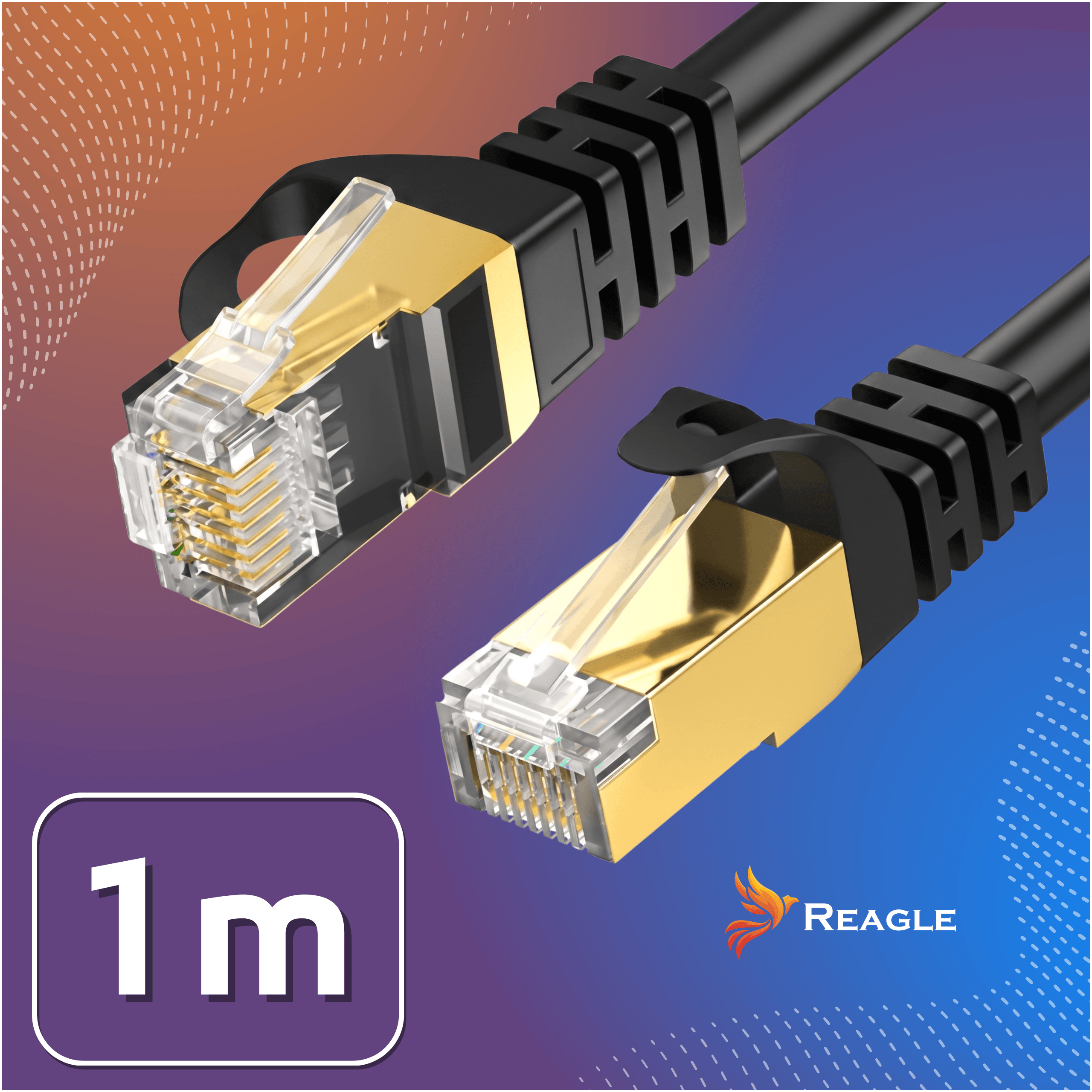 Due cavi ethernet neri con connettori dorati su sfondo sfumato e etichetta '1m'.