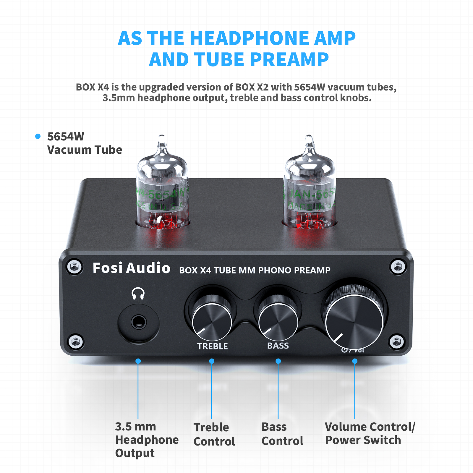 Przedwzmacniacz lampowy Fosi Audio Box X4 z dwoma lampami, wyjściem słuchawkowym i pokrętłami regulacji.