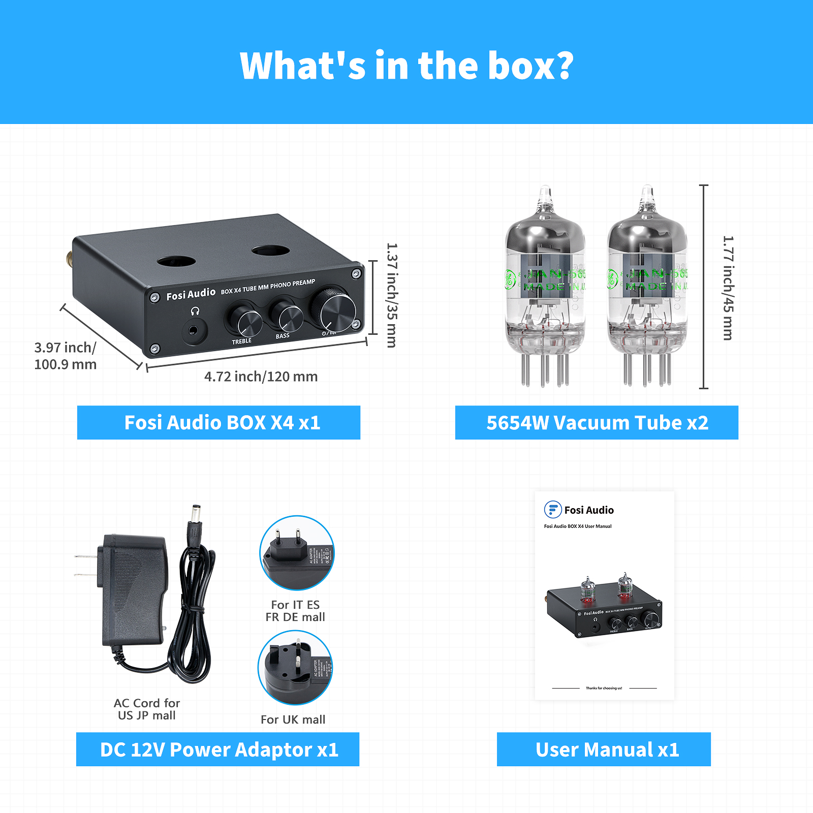 Zawartość pudełka Fosi Audio BOX X4: przedwzmacniacz, dwie lampy, zasilacz i instrukcja.