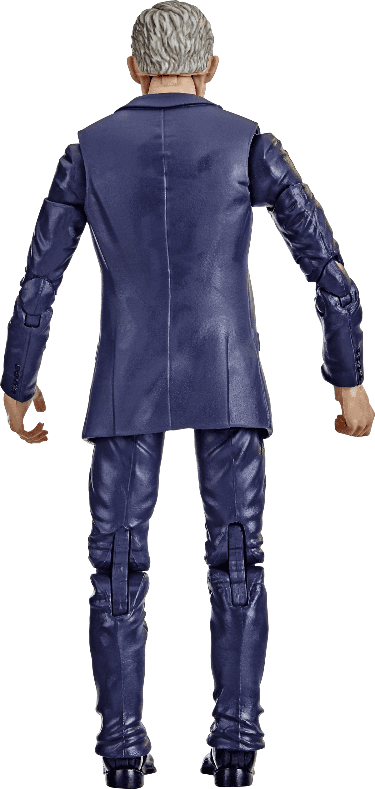 Vista posteriore di un action figure maschile in abito blu con capelli grigi su sfondo bianco.
