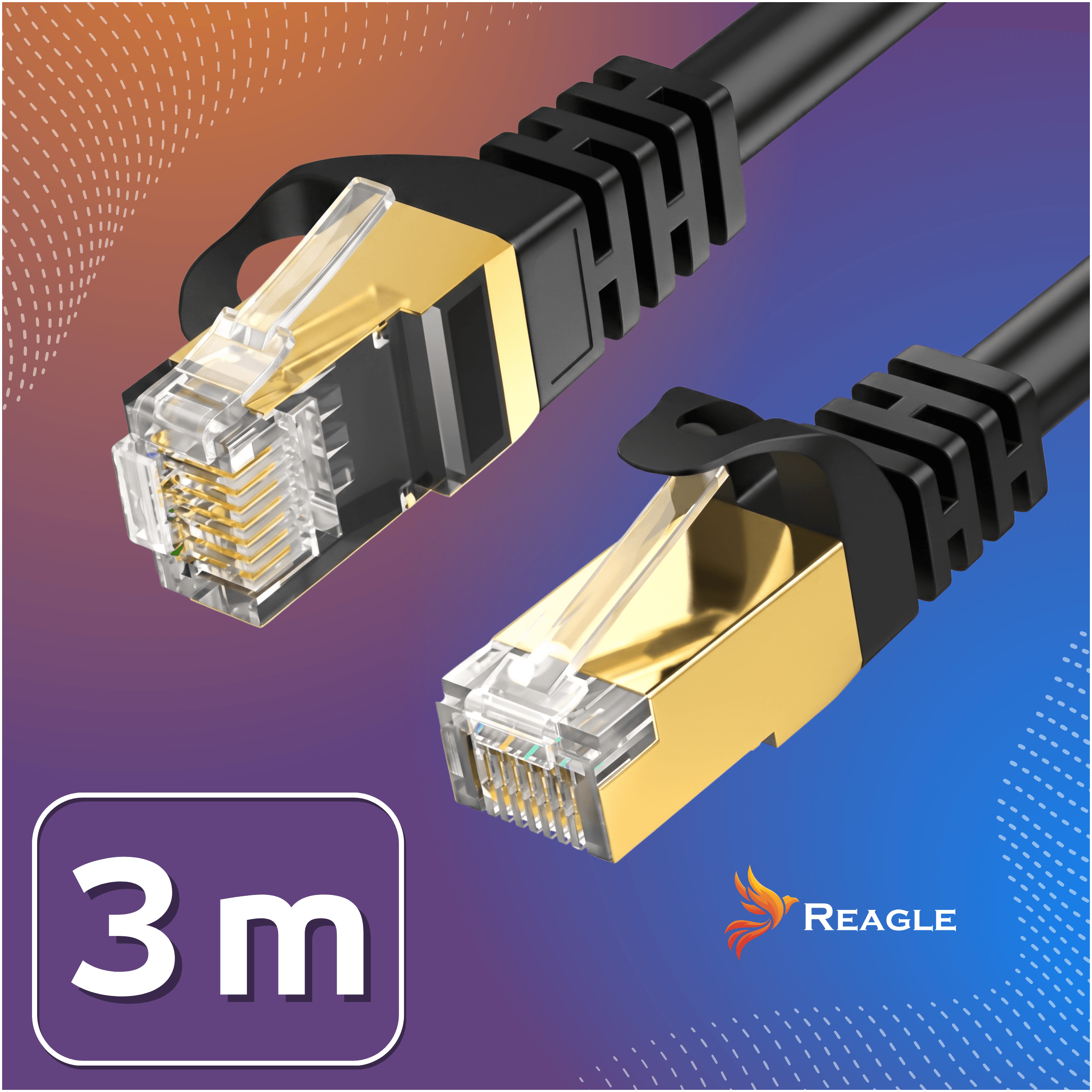 Due cavi Ethernet neri con connettori RJ45 dorati su sfondo blu e arancione e simbolo 3m.