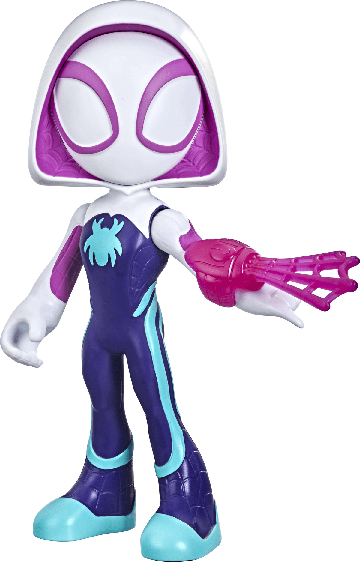 Un'action figure di Ghost-Spider con cappuccio bianco, tuta viola-blu e ragnatela rosa.