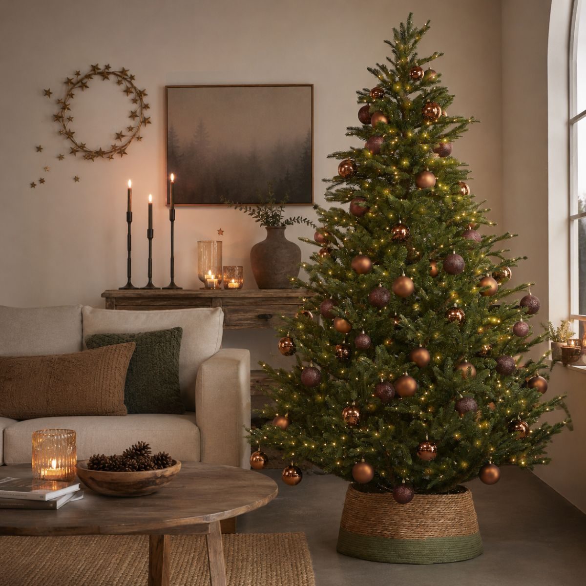 A decorated Christmas tree with lights and copper baubles stands in a cozy living room next to a sofa.
