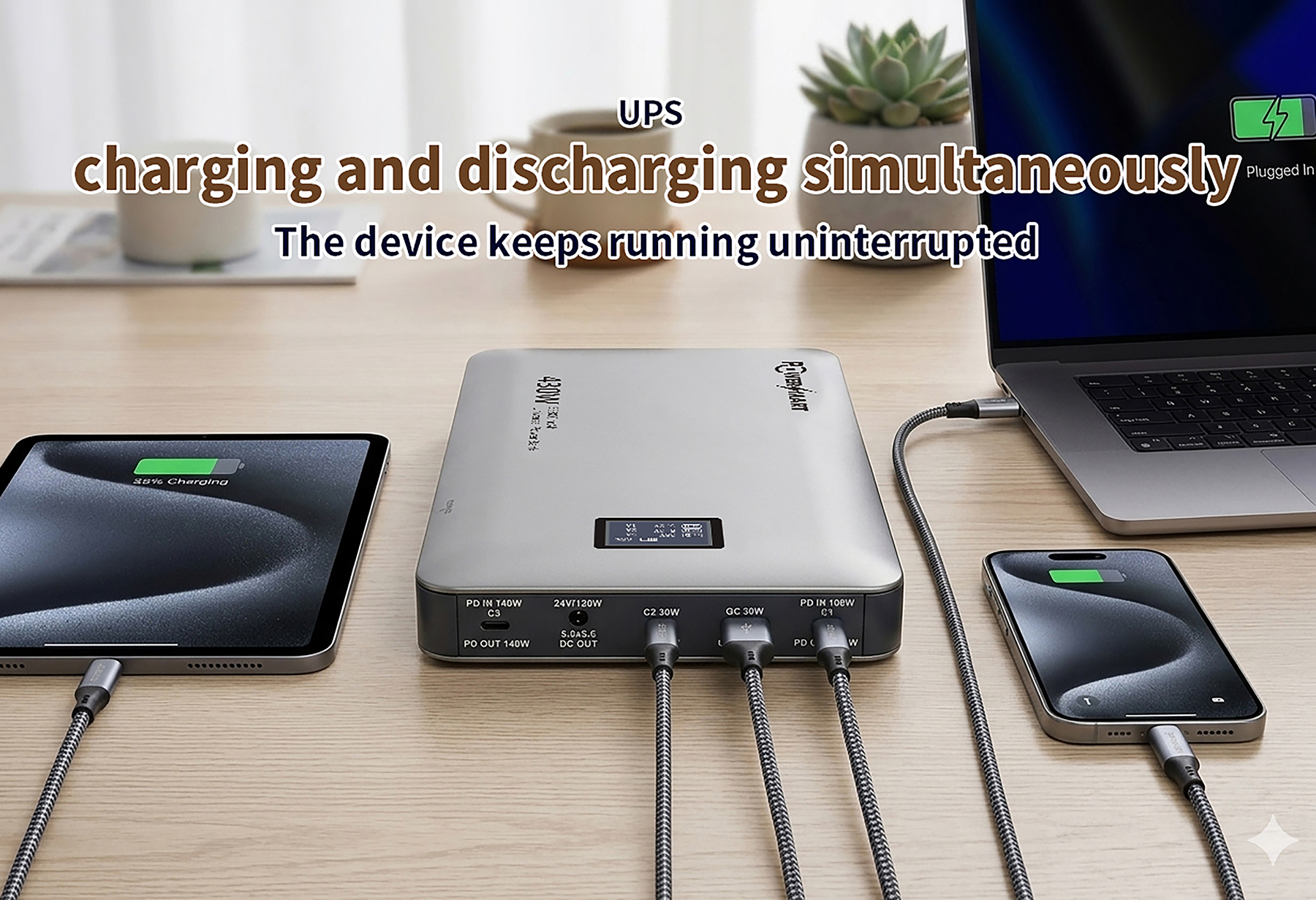 Eine Powerbank lädt gleichzeitig einen Laptop, ein Tablet und ein Smartphone auf einem Holztisch auf.