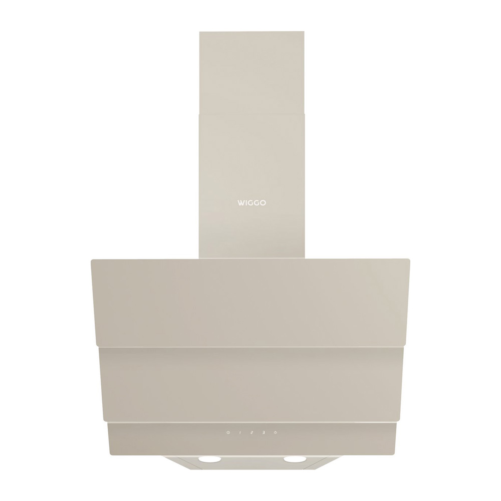 A beige Wiggo kitchen extractor hood with a rectangular design against a white background.