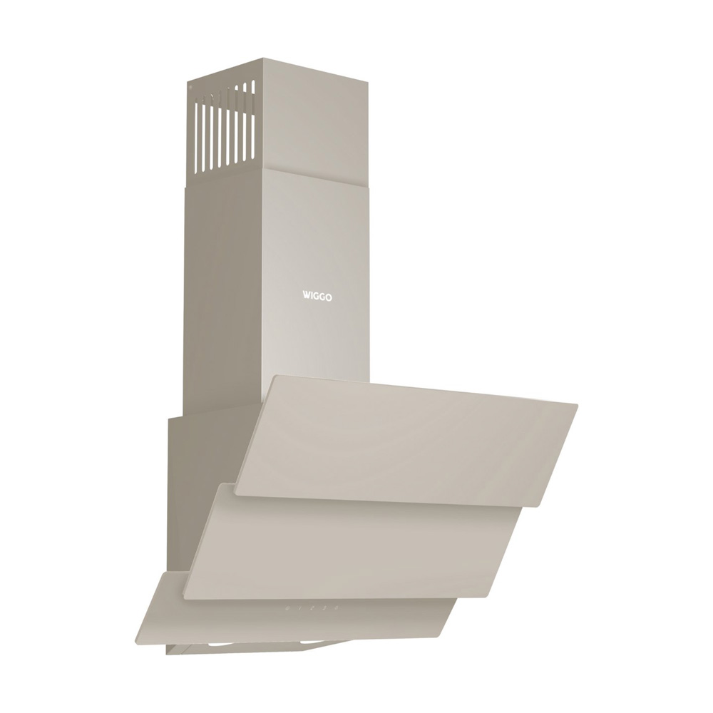 A grey Wiggo wall hood with three angled glass fronts and a ventilation shaft against a white background.