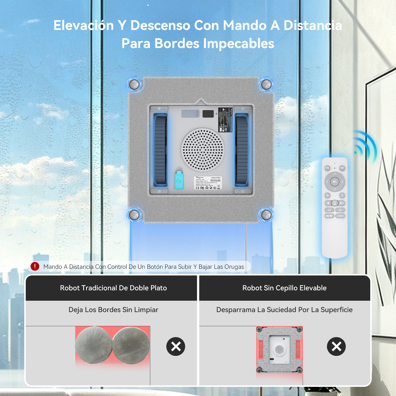Robot limpiacristales con mando a distancia y gráfico comparativo con modelos tradicionales.