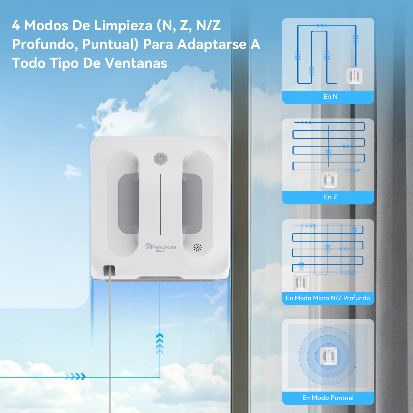 Un robot limpiacristales blanco limpia un vidrio, con cuatro modos de limpieza a la derecha.