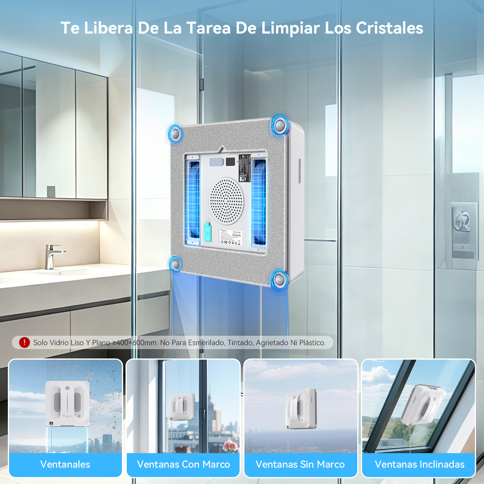 Un robot limpiacristales cuadrado y blanco adherido a una pared de cristal con cuatro imágenes de diferentes usos.