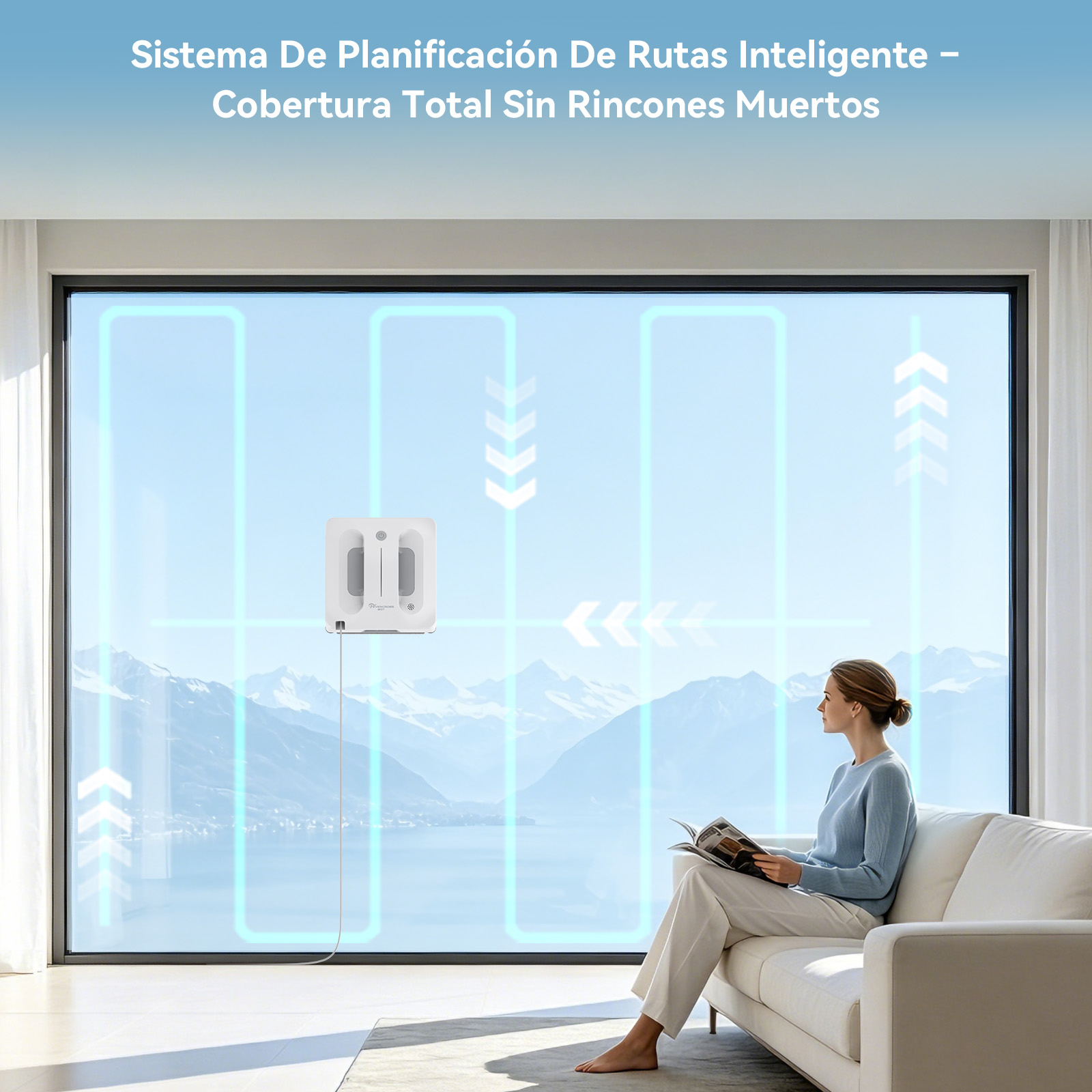 Una mujer lee en un sofá blanco mientras un robot limpiacristales limpia una ventana con vistas a la montaña.
