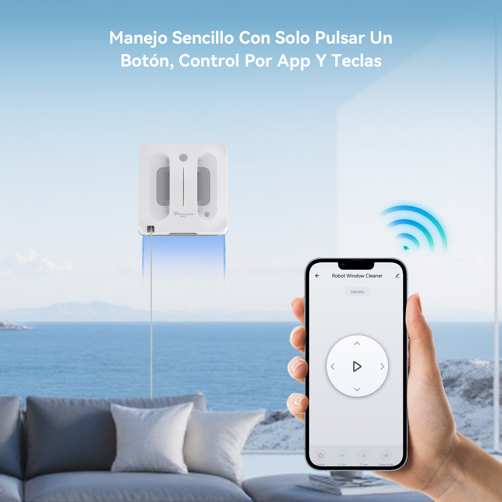 Un robot limpiacristales blanco se controla mediante una aplicación móvil con wifi, con vistas al mar de fondo.
