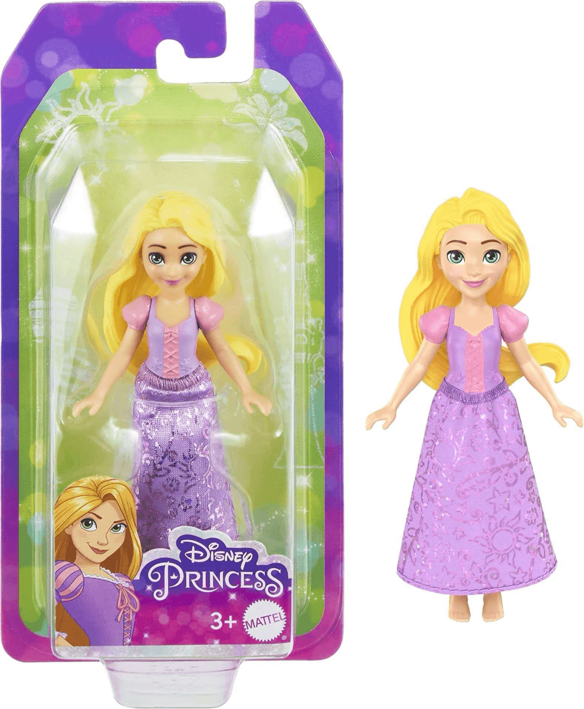 Rapunzel-Puppe in einem lila Kleid mit langen blonden Haaren, in und aus der grünen Disney Princess-Verpackung.