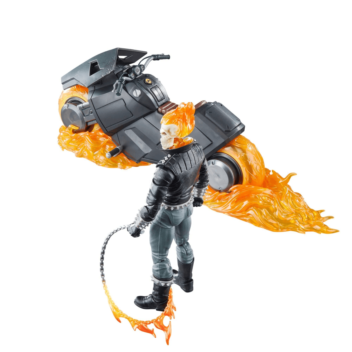 Action figure di Ghost Rider con testa infuocata davanti a una moto futurista circondata da fuoco arancione.