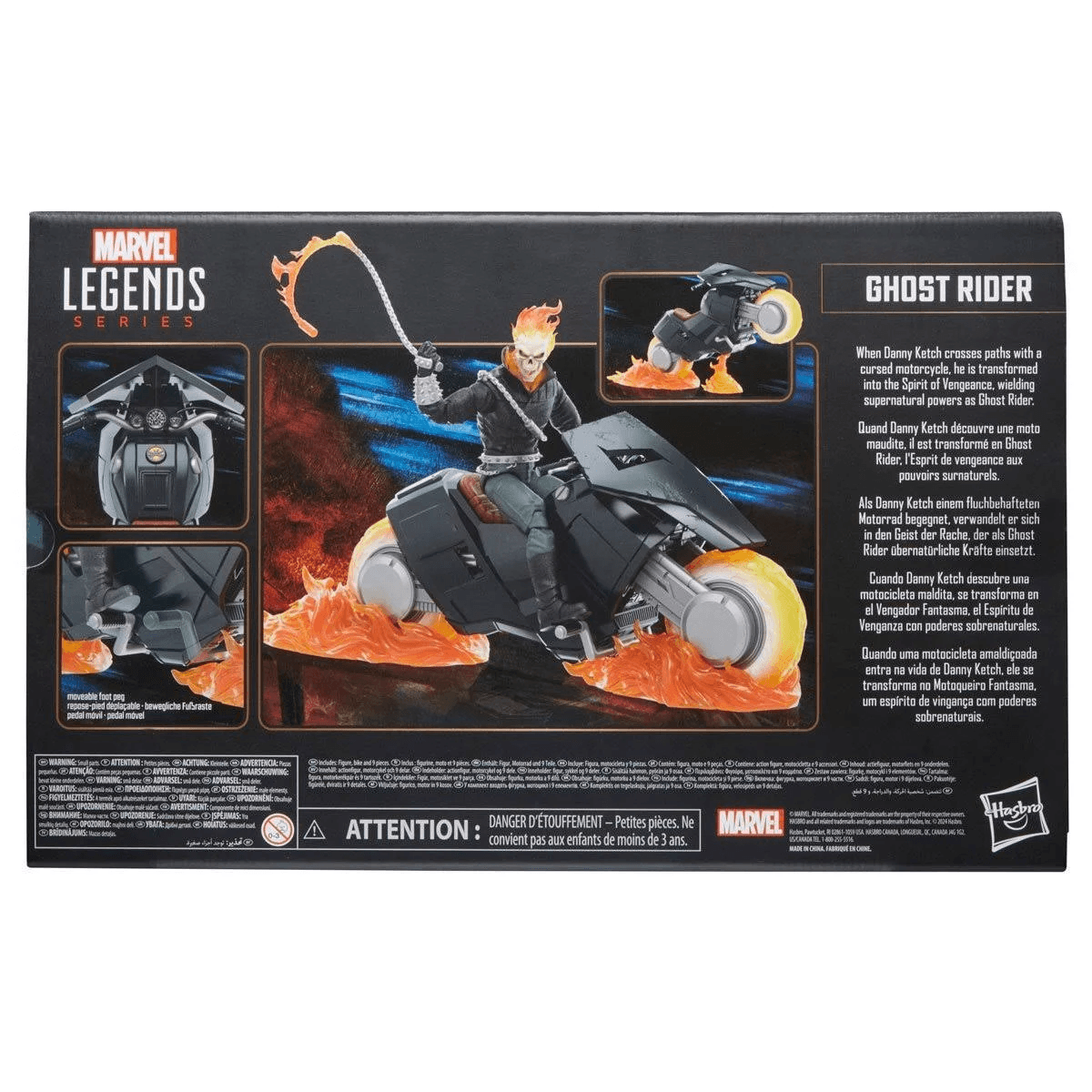 Action figure di Ghost Rider Marvel Legends su moto in fiamme con catena sul retro della confezione.