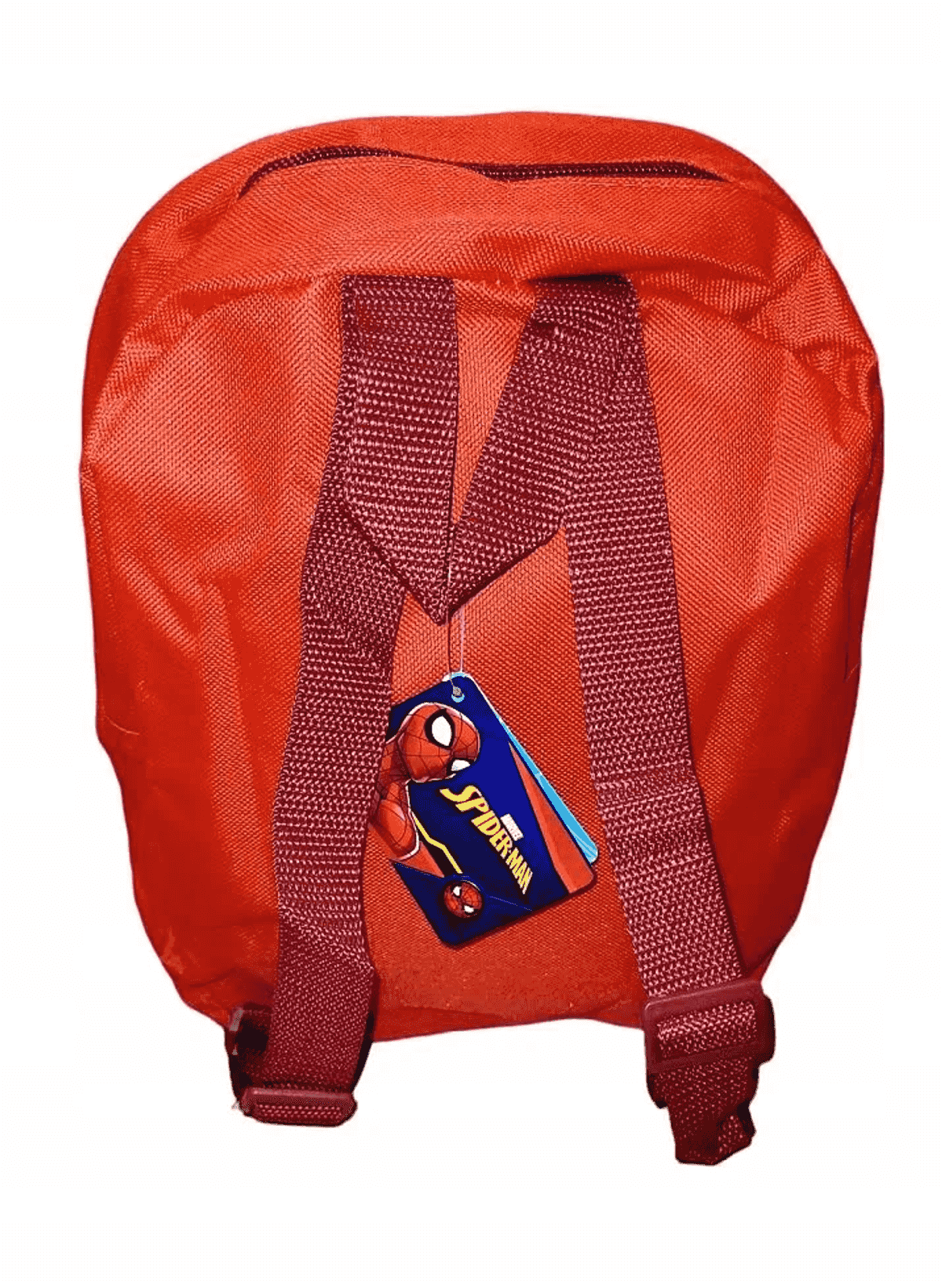 Una mochila infantil roja con etiqueta de Spiderman y correas ajustables.