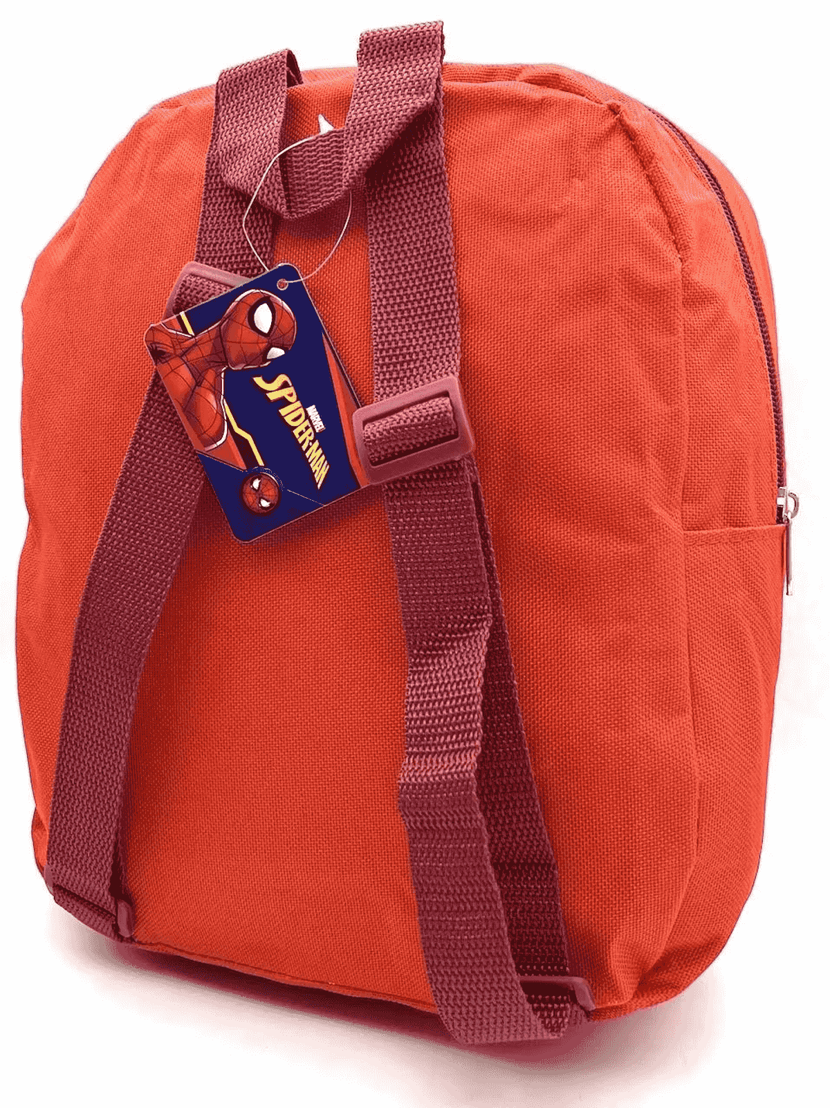 Una mochila infantil roja con correas rojo oscuro y una etiqueta de Spider-Man.