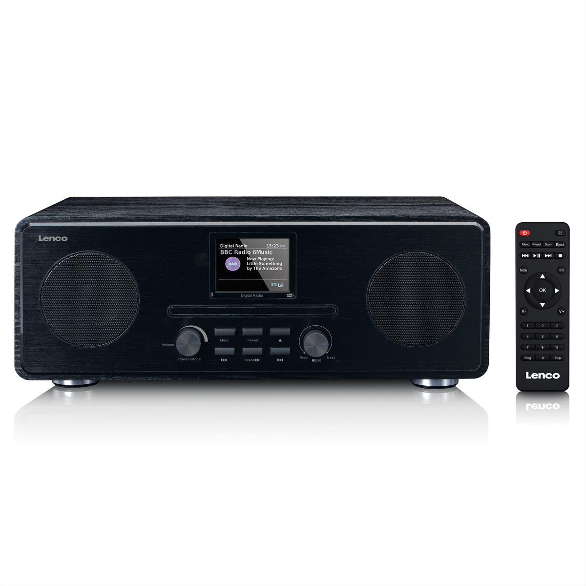 Un sistema radio digitale Lenco nero con doppi altoparlanti, display digitale, manopole e telecomando.