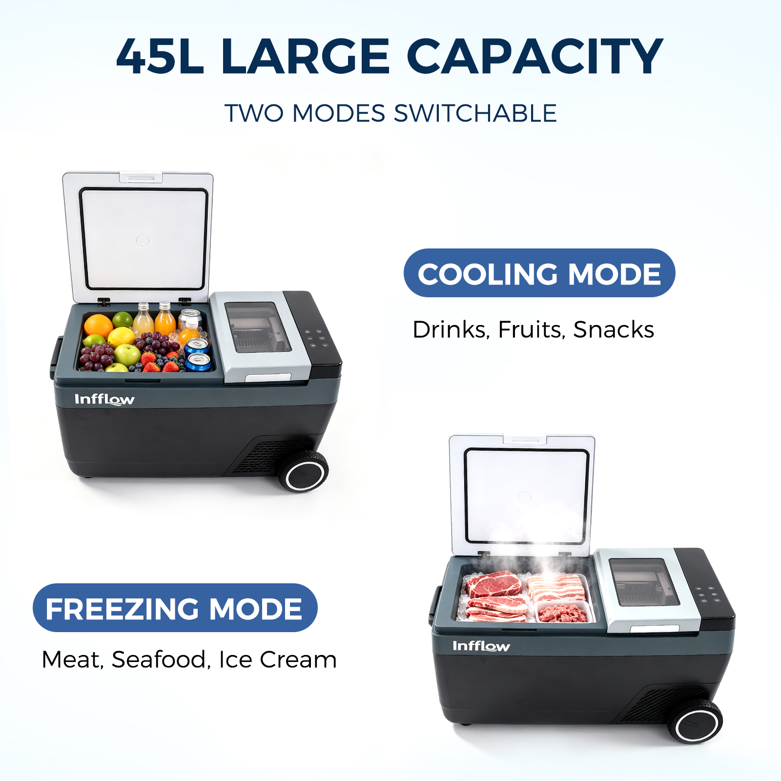 Nevera portátil de 45L con dos modos: refrigeración para bebidas y congelación para carne.