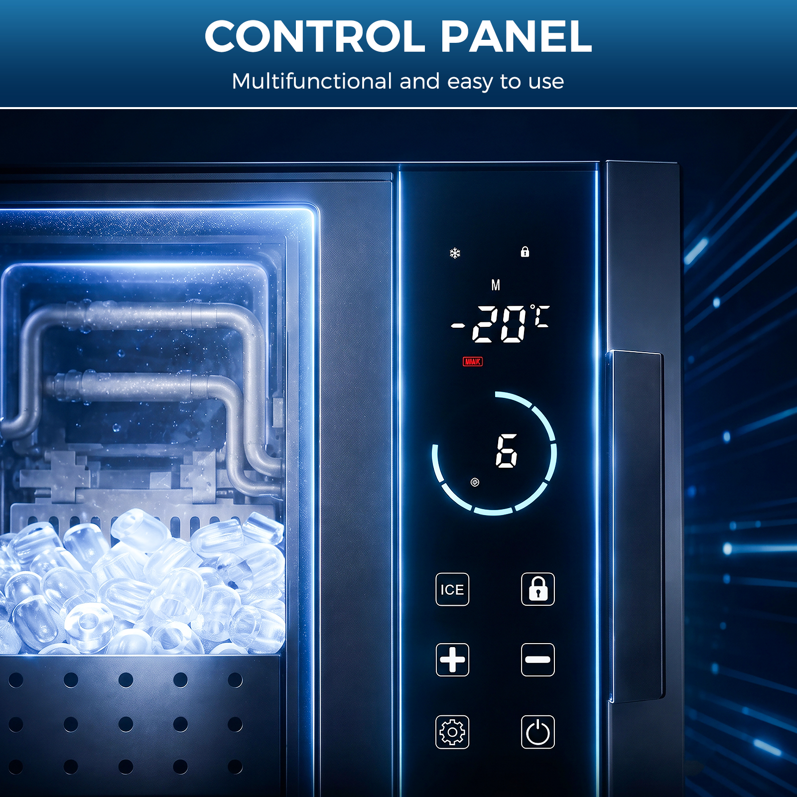 Panel de control de una máquina de hielo con pantalla digital a -20°C y depósito visible.