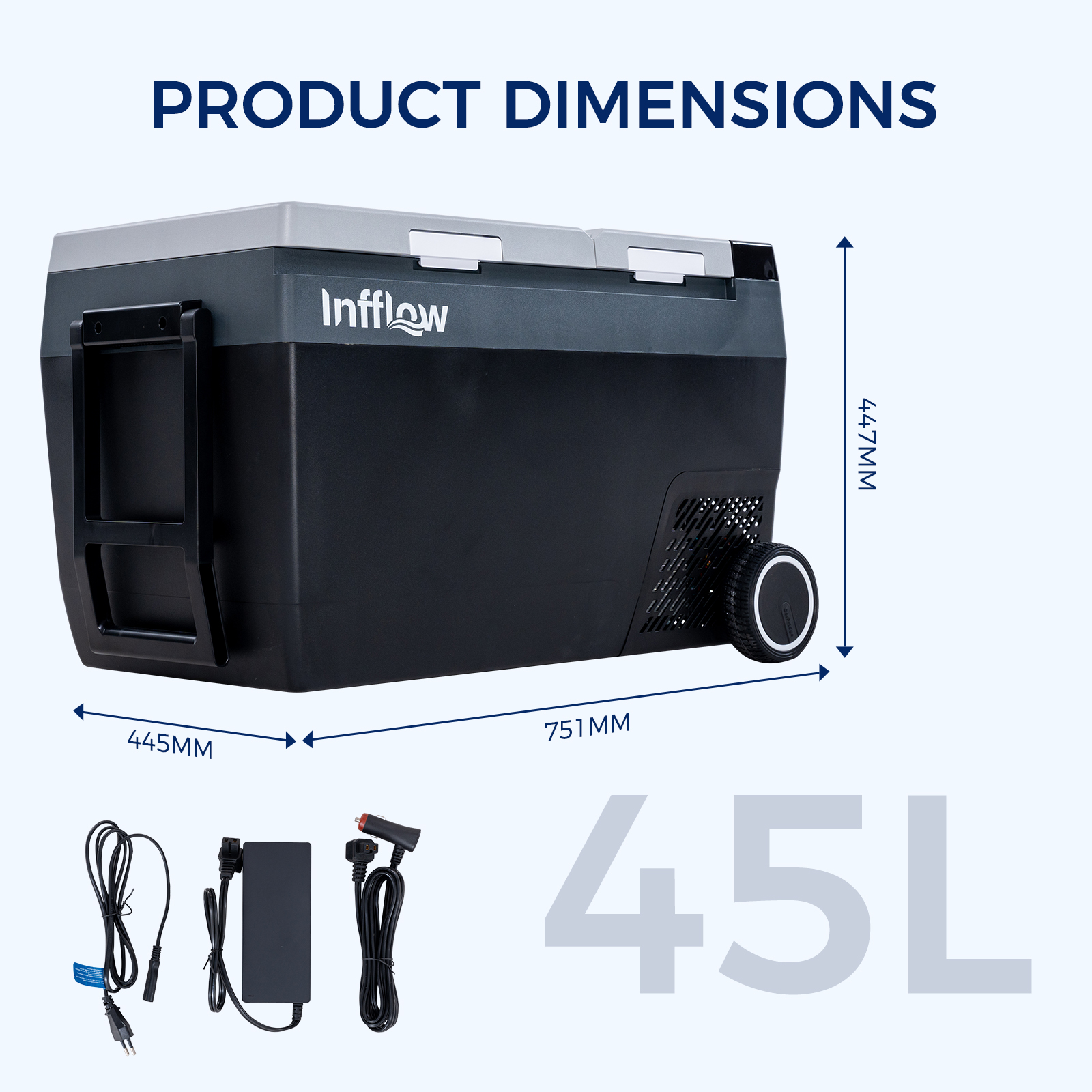 Diagrama de dimensiones de una nevera portátil Infflow negra de 45L con asa, ruedas y cables.