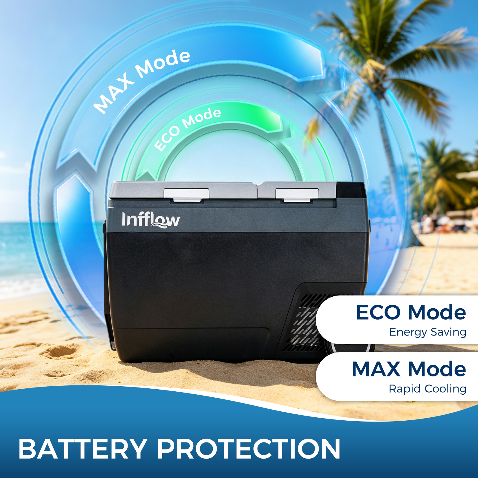 Una nevera portátil Infflow negra en una playa de arena con palmeras y mar al fondo, mostrando los modos ECO y MAX.