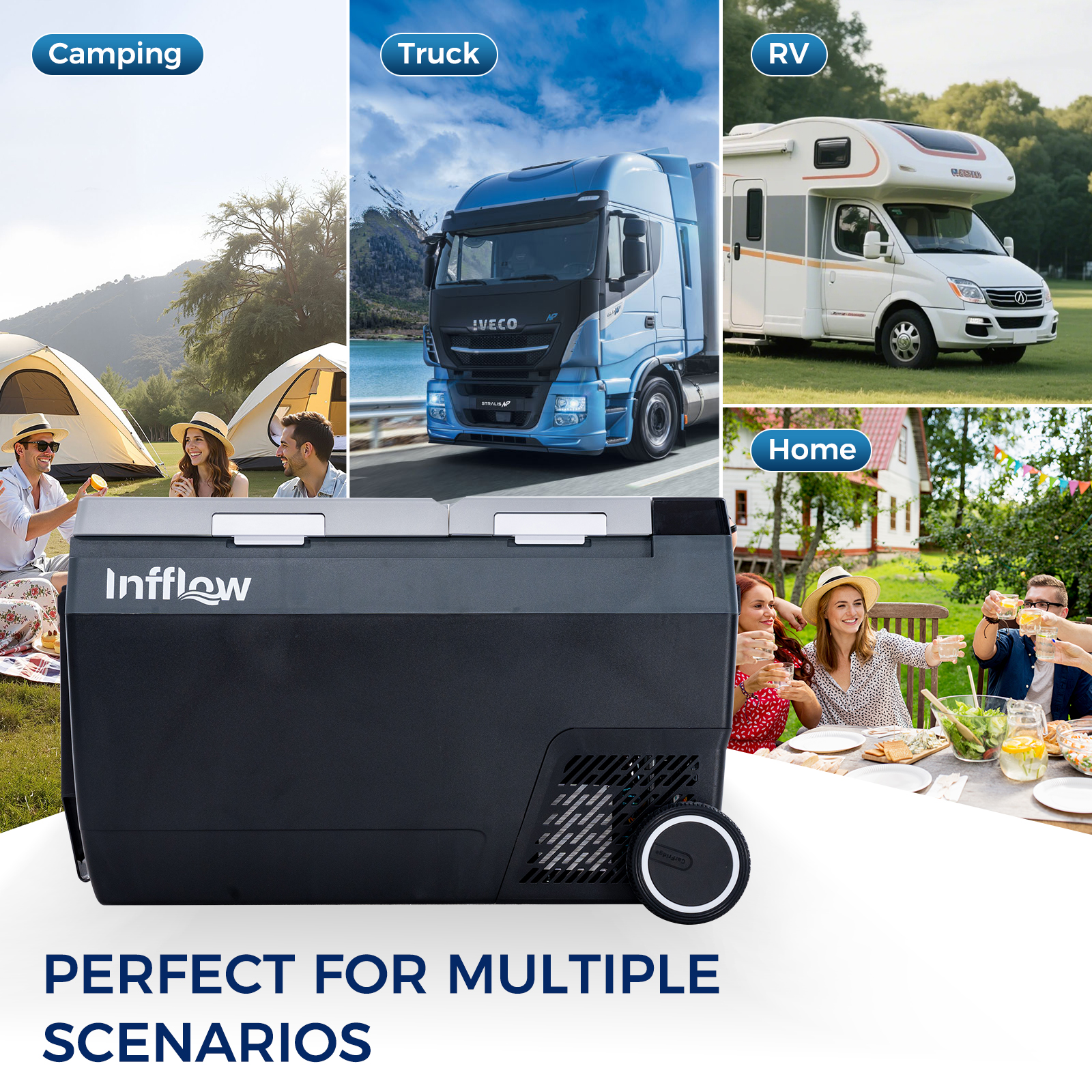Nevera portátil Infflow para camping, camiones, autocaravanas y hogar.