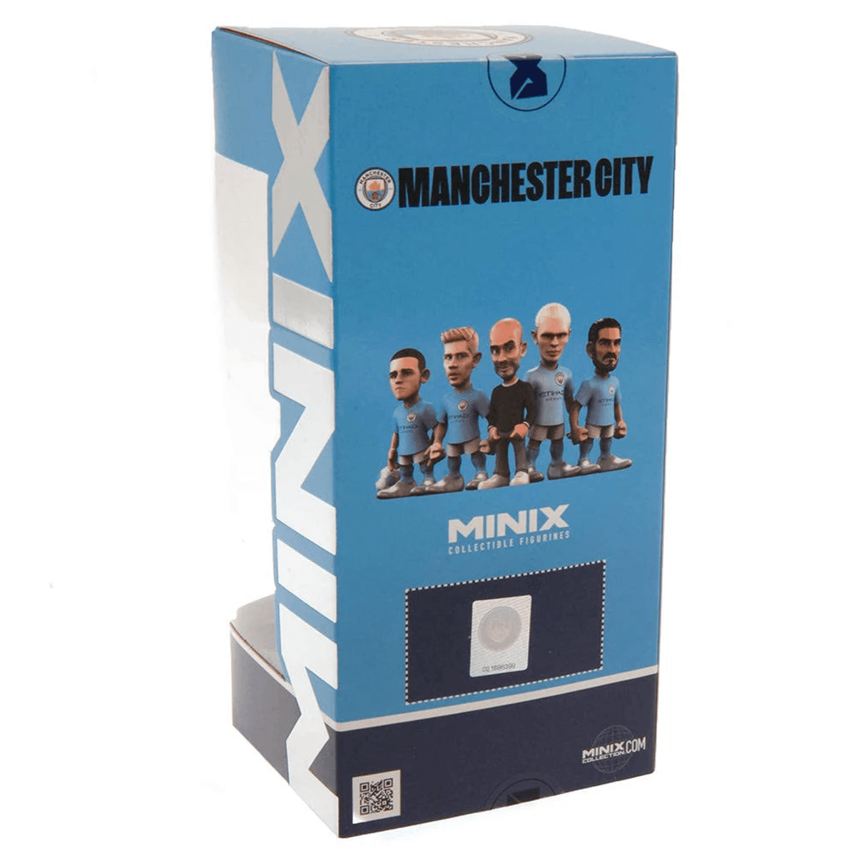 Scatola blu di action figure da collezione Minix del Manchester City con cinque giocatori.