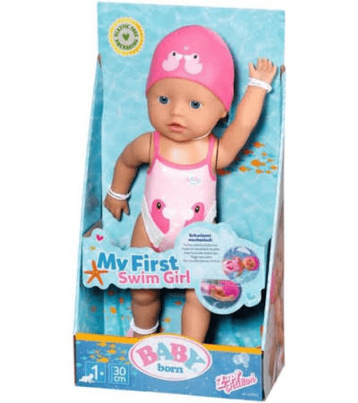 My First Swim Girl Puppe in rosafarbenem Badeanzug und Badekappe in blauer Verpackung.
