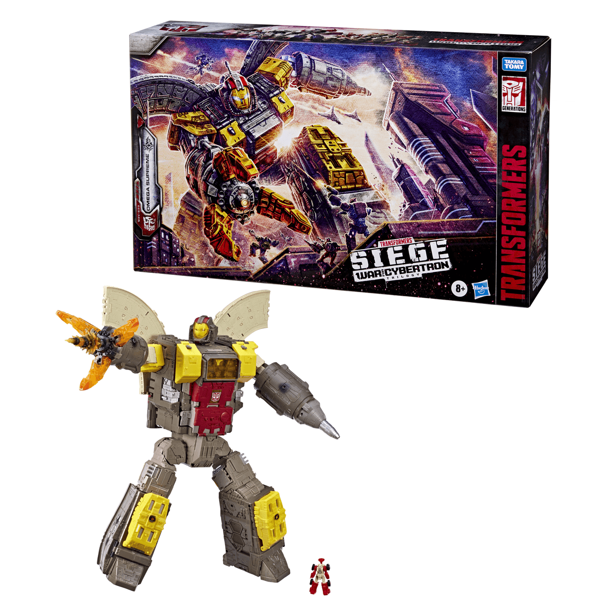 Figura de acción Transformers Omega Supreme con su caja de Siege War for Cybertron.