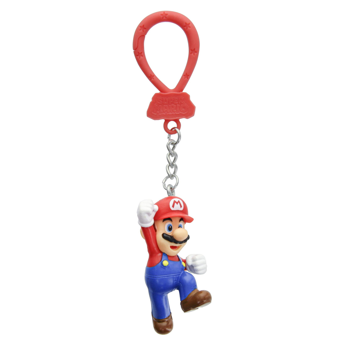 Super Mario Schlüsselanhänger mit rotem Kunststoffclip, Kette und einer kleinen Mario Figur auf weißem Hintergrund.