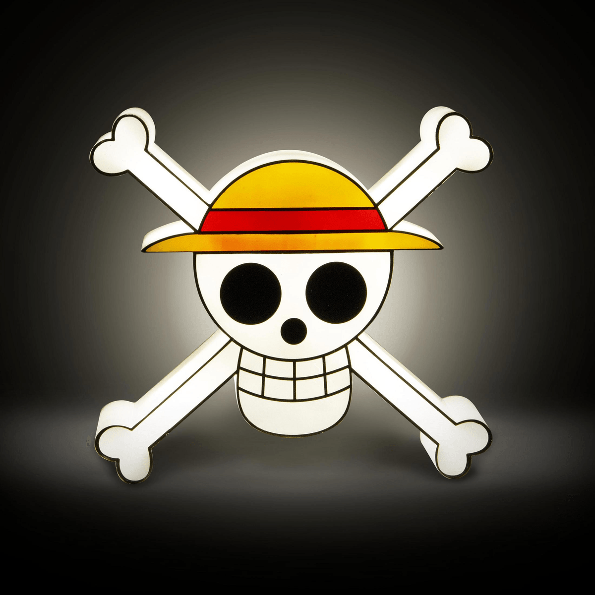 Una calavera con sombrero de paja y cinta roja, con huesos cruzados detrás, sobre fondo negro.
