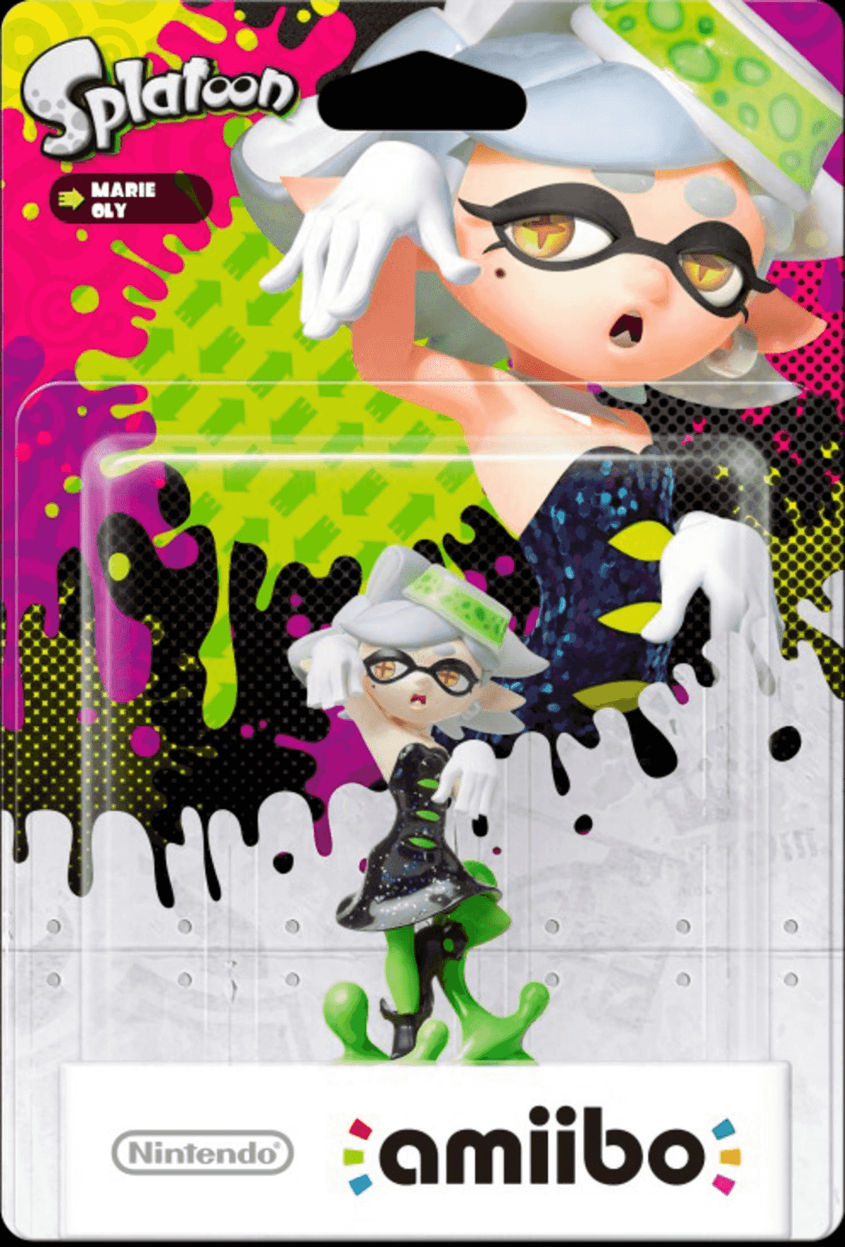 Splatoon Marie amiibo Figur in Verpackung mit buntem Hintergrund aus grünen und rosa Farbspritzern.