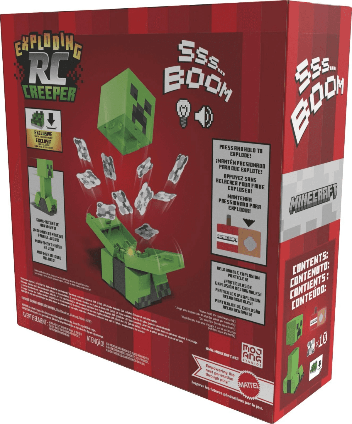 Rote Minecraft RC Creeper Spielzeugverpackung mit grünem Creeper und explodierenden Partikeln.