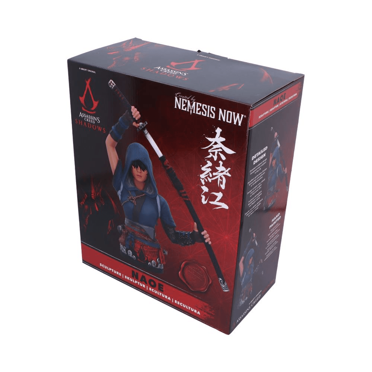 Assassins Creed Shadows Naoe Figurenbox mit Charaktergrafik, die ein Schwert auf rotem und schwarzem Hintergrund hält.