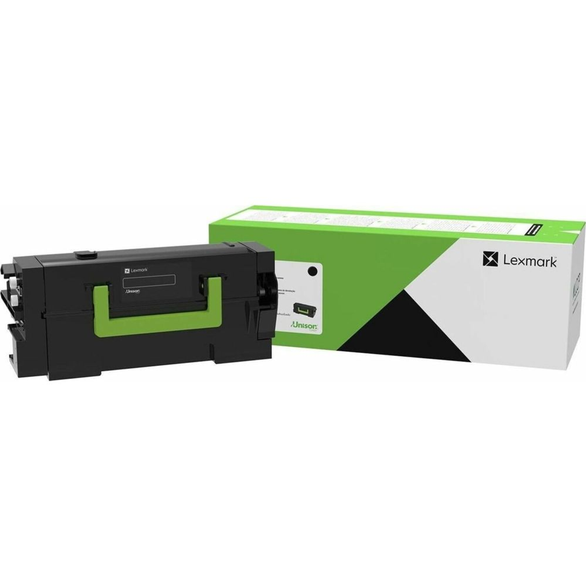 Schwarze Lexmark Tonerkassette mit grünem Griff neben ihrer weiß-grünen Verpackung auf weißem Hintergrund.